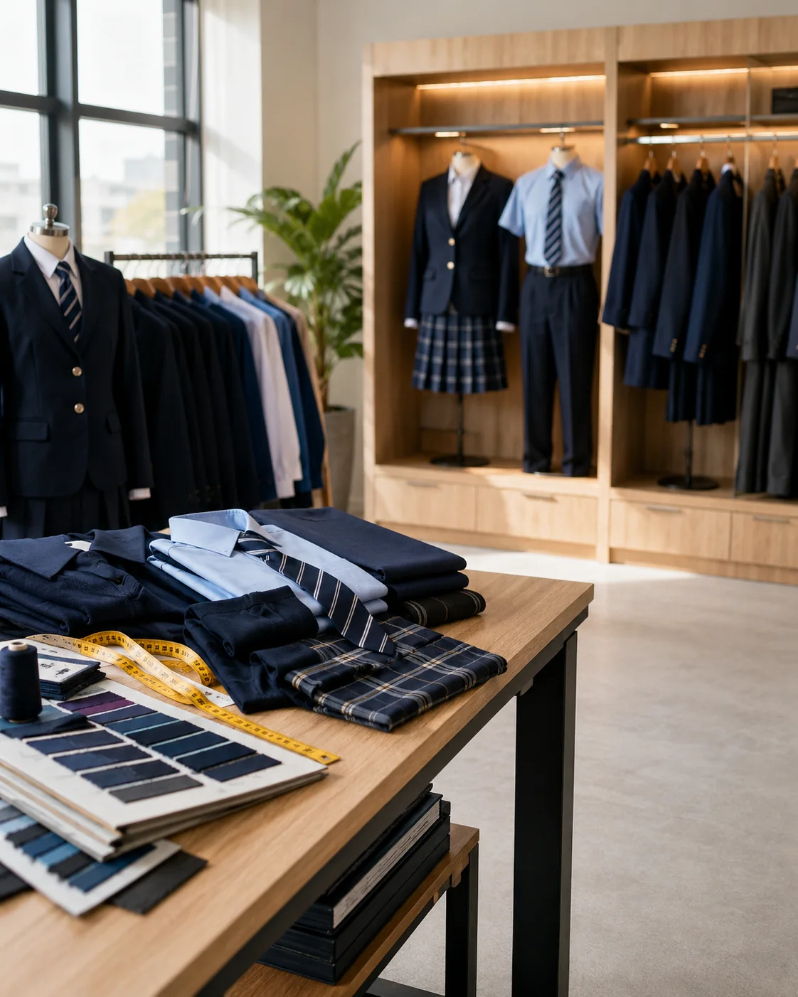 School uniform showroom with displayed garments, swatches and tailoring details