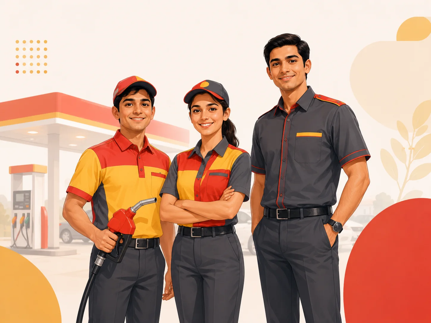 Fuel station service team in coordinated branded uniforms