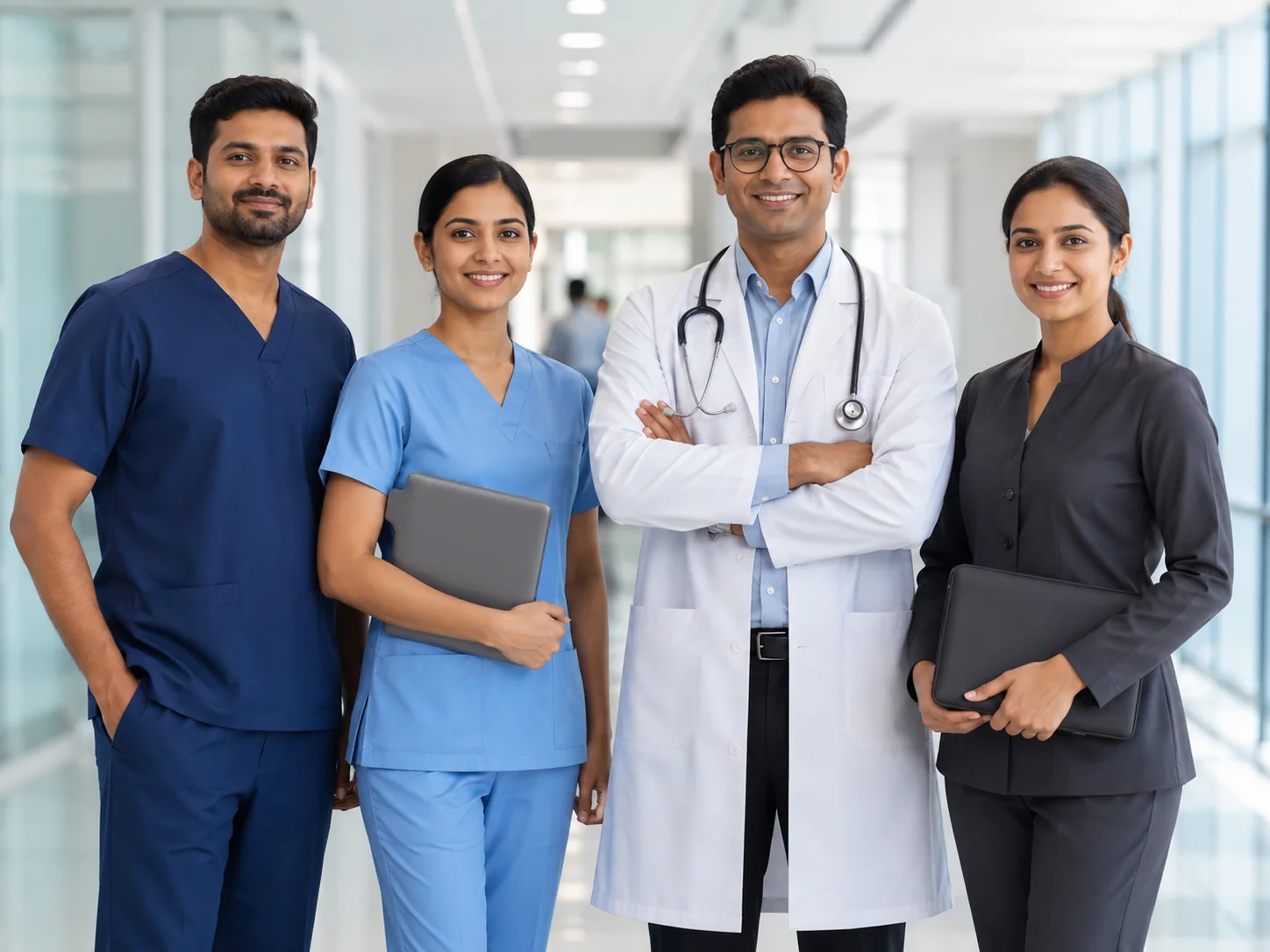 Healthcare team in coordinated medical uniforms in a hospital corridor