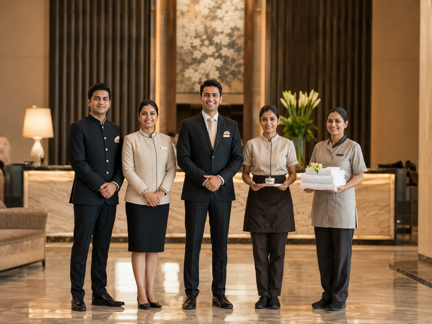 Hospitality staff in coordinated uniforms inside an elegant lobby