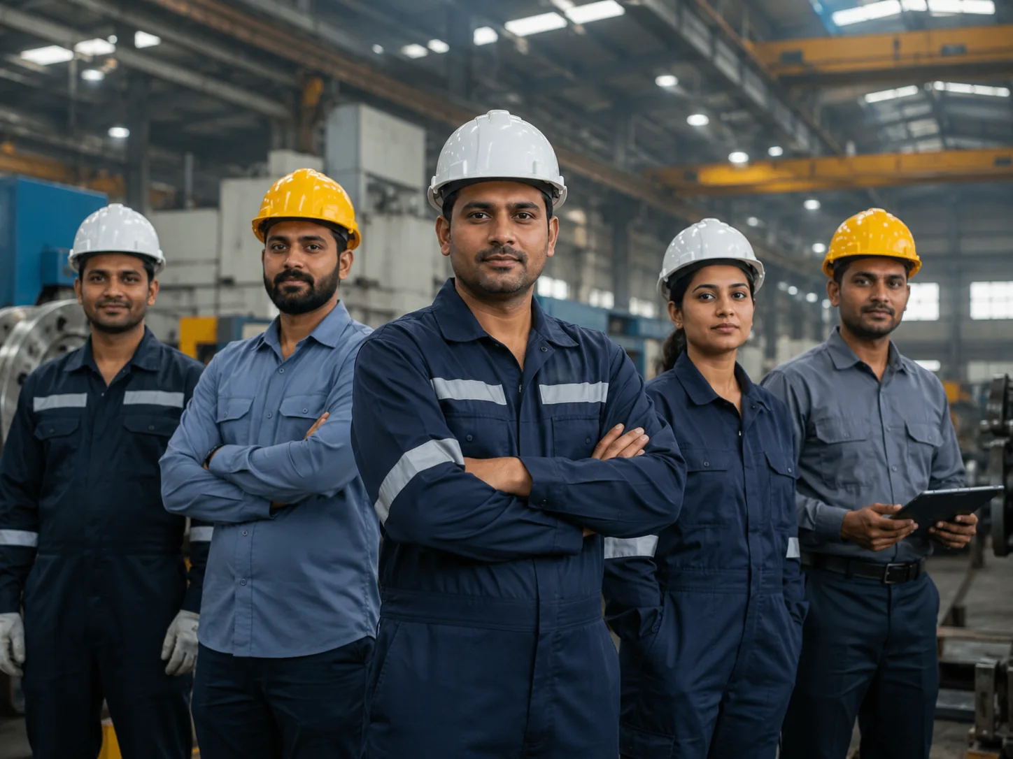 Industrial team in coordinated workwear on a factory floor