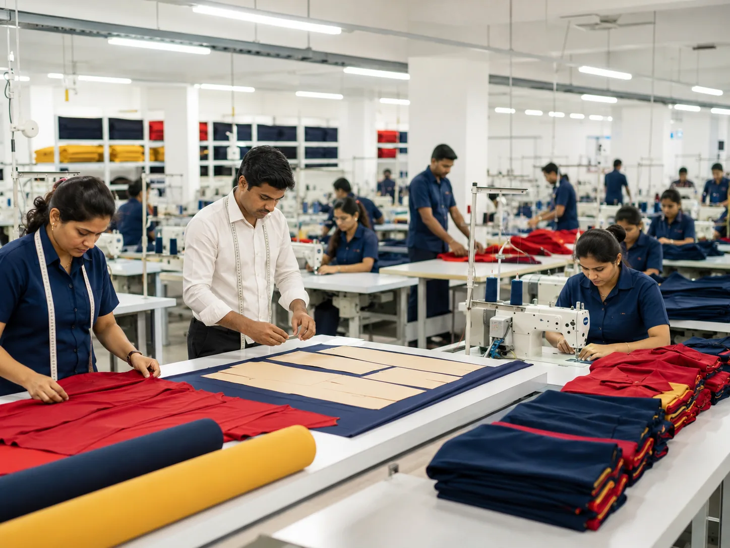 Joy Uniforms style garment workshop with cutting, stitching and production activity