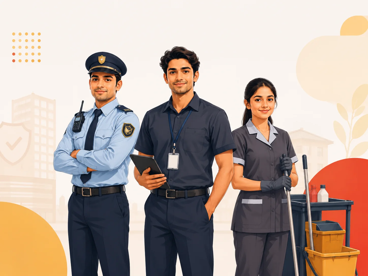 Security and facilities team in coordinated professional uniforms